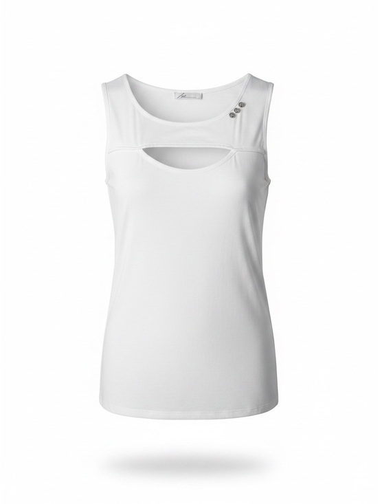 Zoe Tops - White Cutout Sleeveless Tank with Decorative Shoulder Buttons